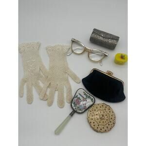 Vintage Accessory Lot Stratton Compact Gloves Glasses Whiting Davis 7pc Vanity